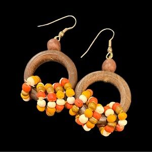 Natural Wood Dangle Earrings with Wooden Beads in Red Orange Brown Lightweight